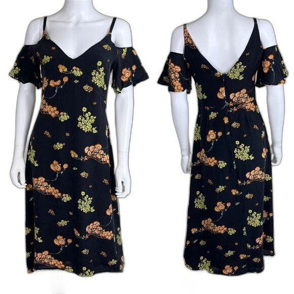 A.L.C. Women's Size 4 Lucy Black Floral Silk Midi Dress Flutter Sleeve Romantic - Picture 1 of 14